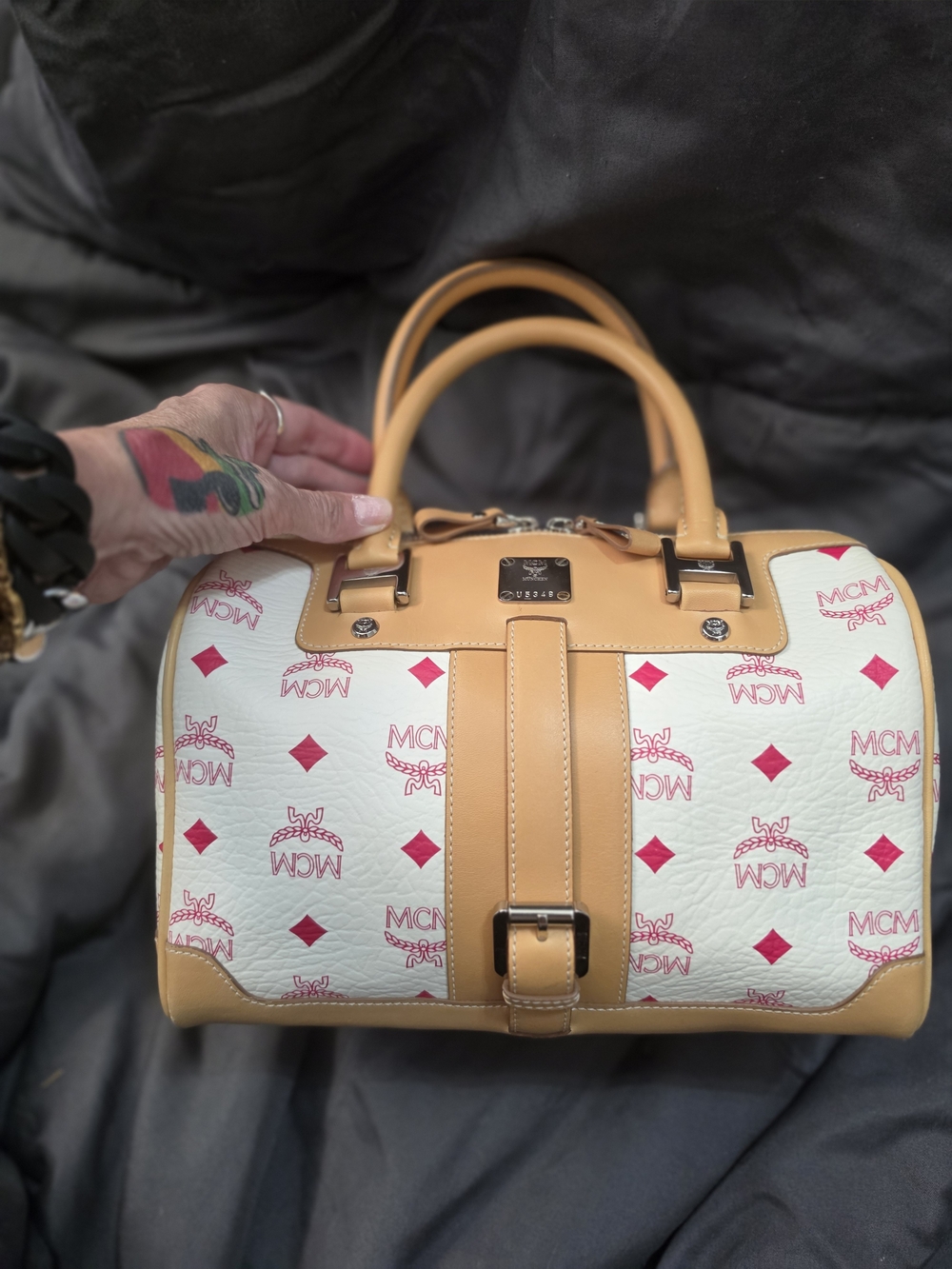 MCM Boston Bag In Pink Visetos Coated Canvas With Tan Leather Trim